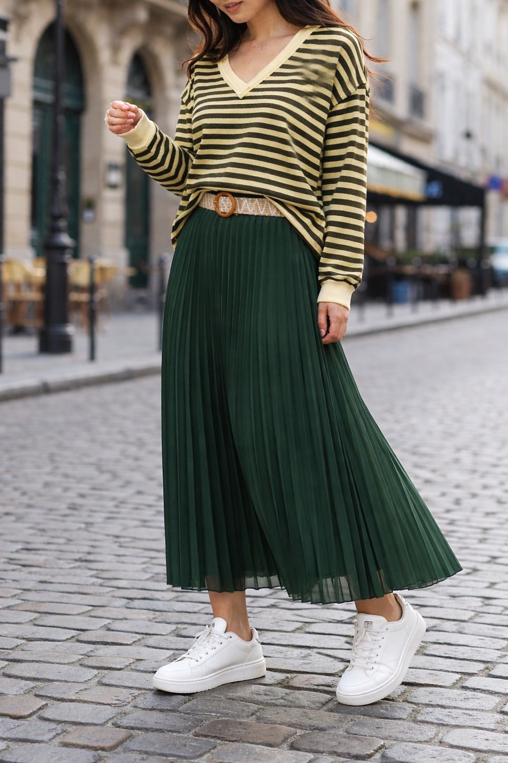 Effen kleur Vloeiende plooirok met viscose lining- midi rok met bohemian belt