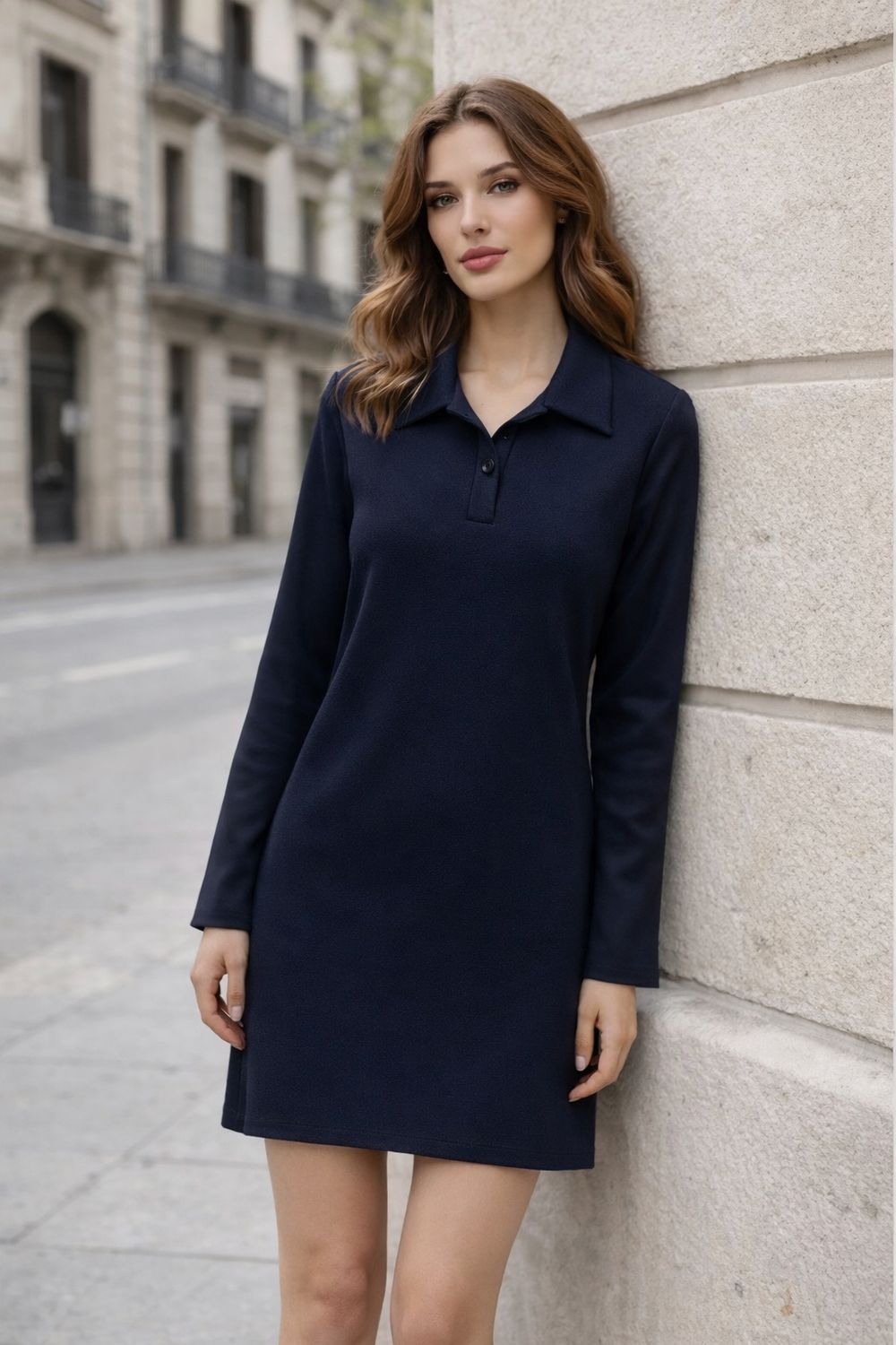 Blauwe polo jurk dames – korte jurk met kraag en knoopsluiting – casual chic outfit