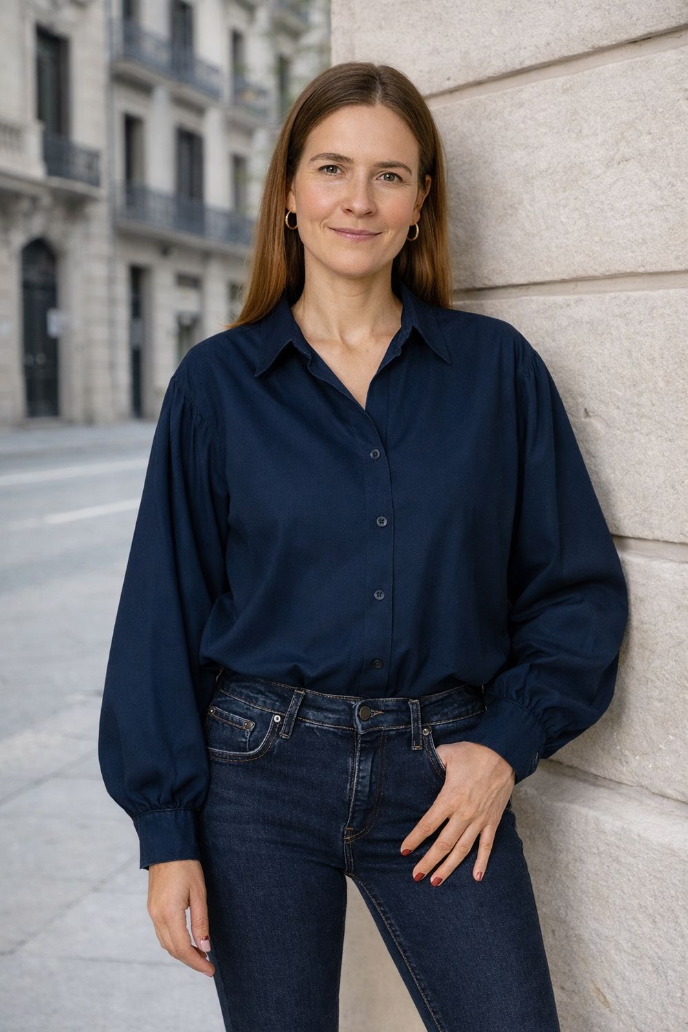 Blouse met pofmouwen dames – blauwe blouse – elegante oversized look