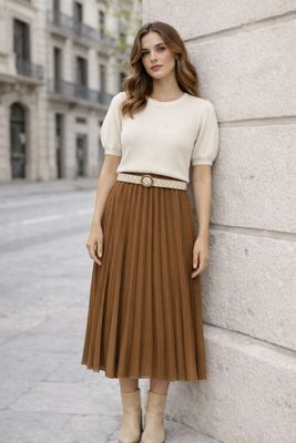 Effen kleur Vloeiende plooirok met viscose lining- midi rok met bohemian belt