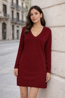 Sweater Jurk met V-hals – comfy midi korte jurk voor dames