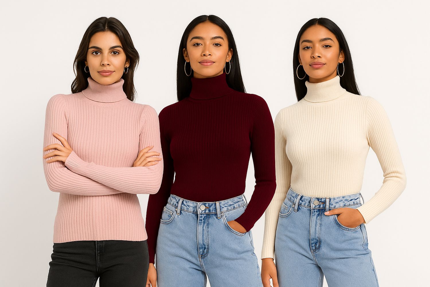 3 pack coltruien in de kleuren beige, bordeaux en roze getyled op model