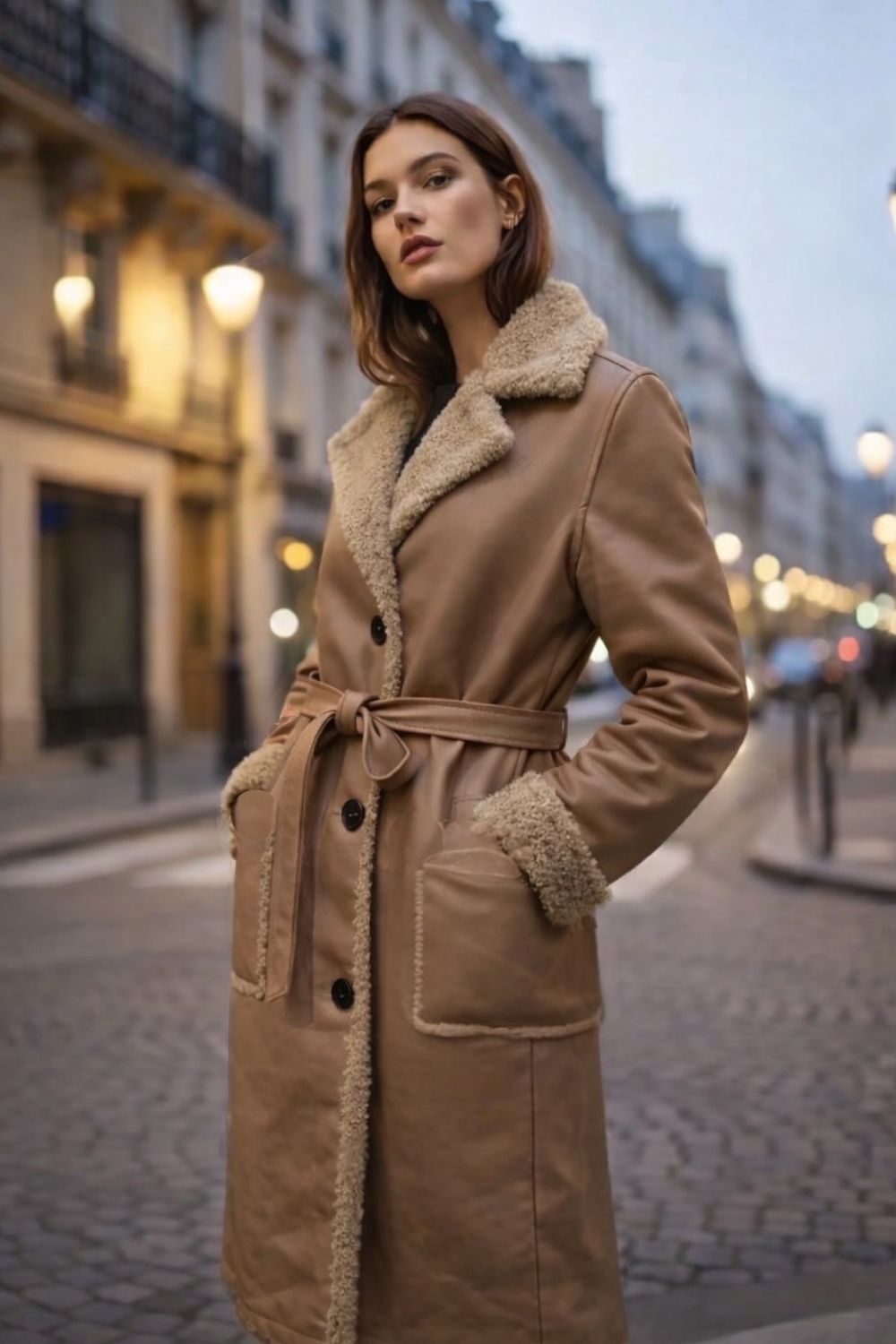 Lange Faux Leather jas in suède-look met teddy voering – Bruin | Infinity Me