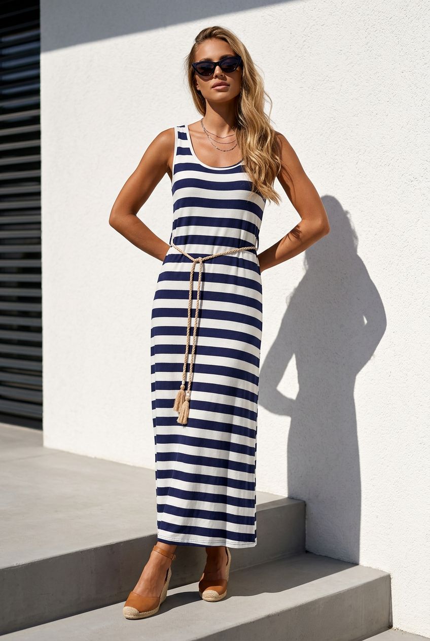 Midi Jurk Met Blauwe Strepen