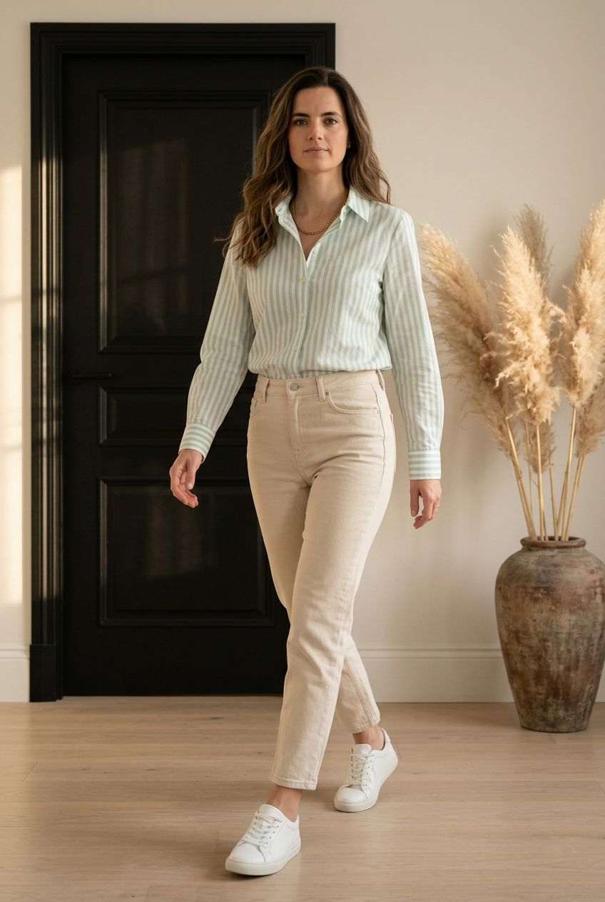 Dames Katoenen Strepen Shirt- Dames Hemd Met Strepen- Strepen blouse