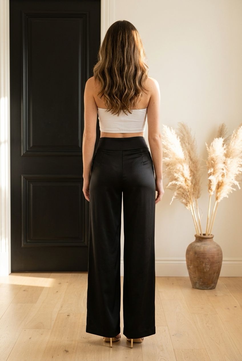 Zwarte satijnen wide leg damesbroek – elegante hoge taille