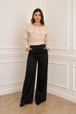 Zwarte satijnen wide leg damesbroek – elegante hoge taille