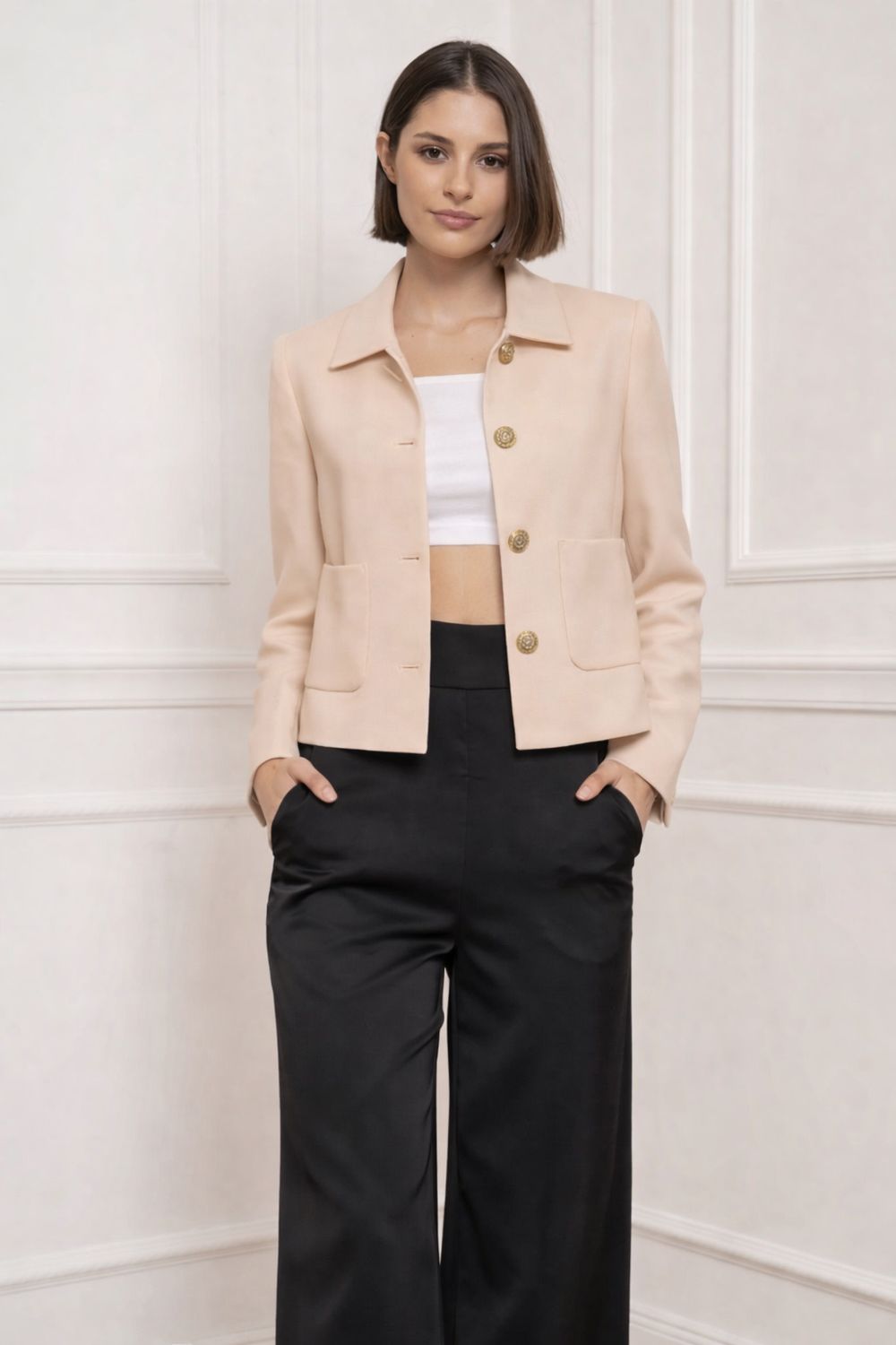 Elegante Premium dames blazer Jas met gouden knopen – verfijnde tailored pasvorm- Beige