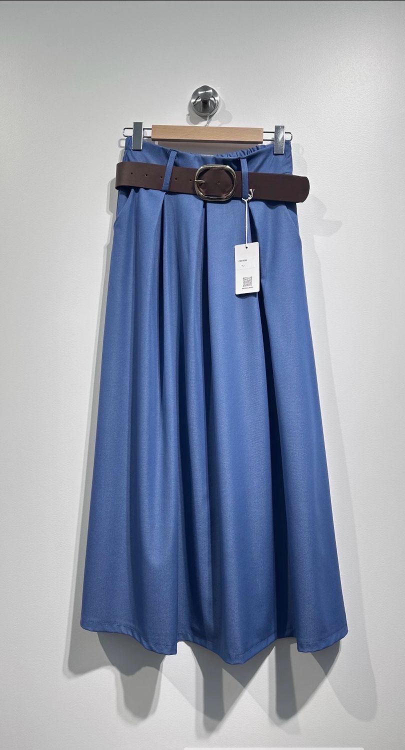 Bleu Denim Maxi Rok in viscose met zakjes en losvallende fit- Lange Rok Denim look