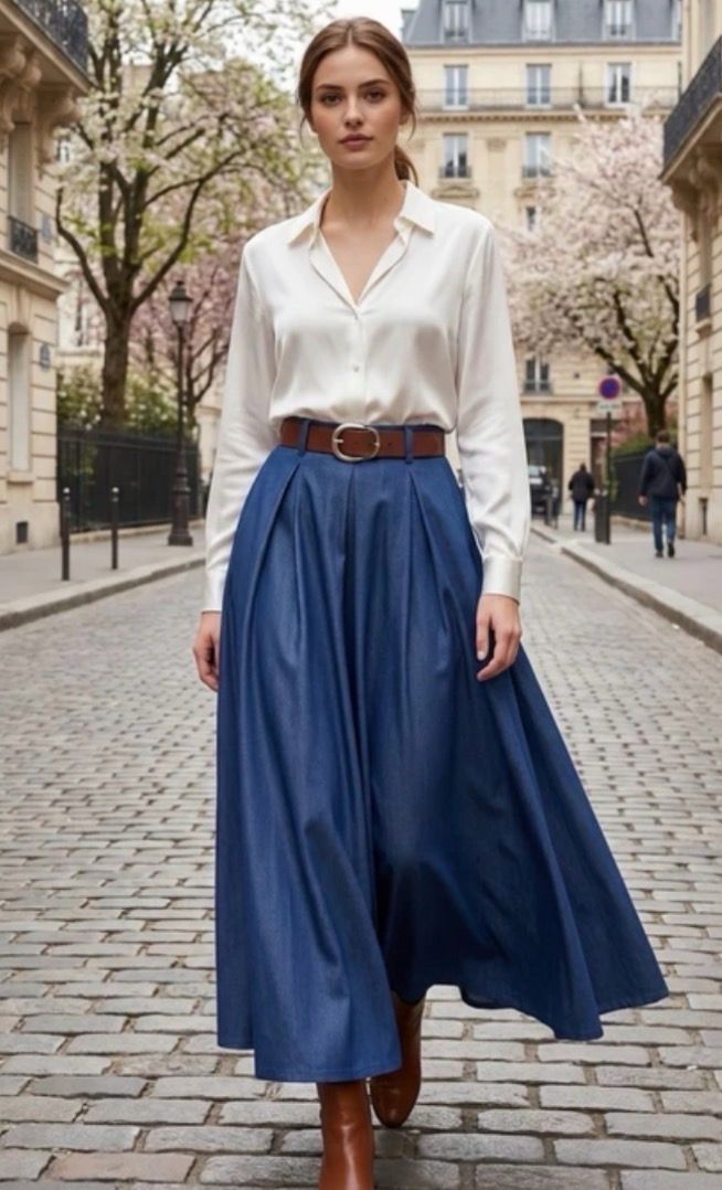 Bleu Denim Maxi Rok in viscose met zakjes en losvallende fit- Lange Rok Denim look