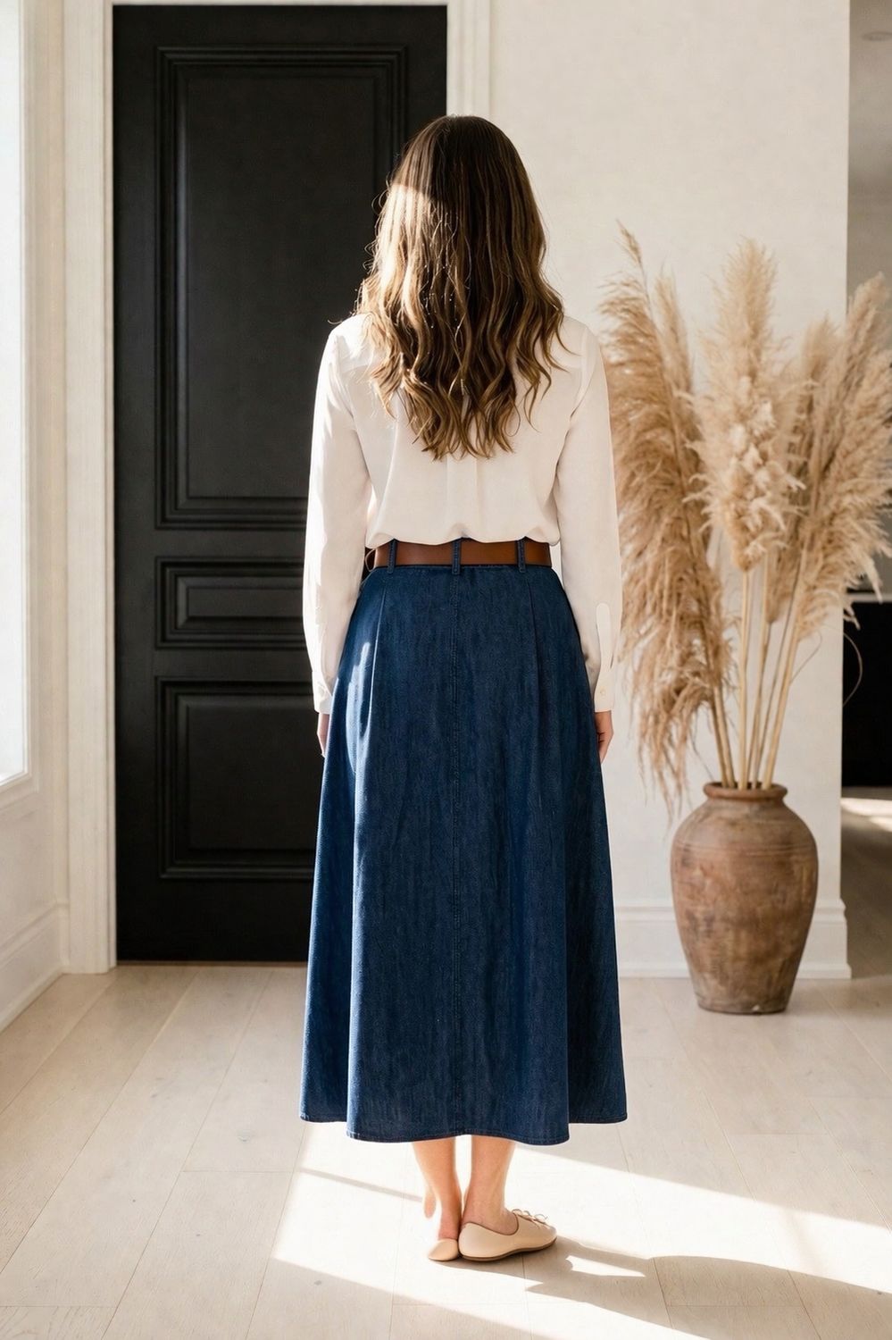 Bleu Denim Maxi Rok in viscose met zakjes en losvallende fit- Lange Rok Denim look