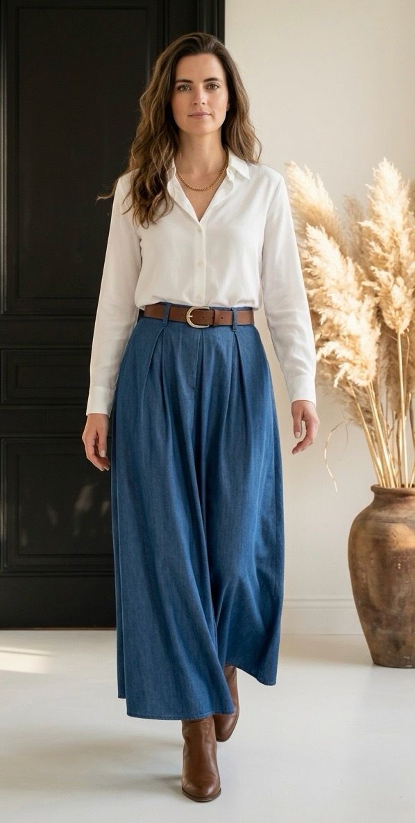 Bleu Denim Maxi Rok in viscose met zakjes en losvallende fit- Lange Rok Denim look