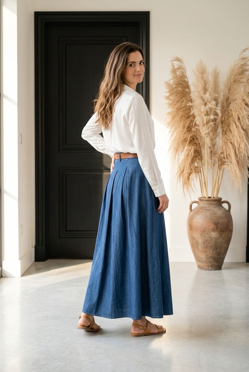 Bleu Denim Maxi Rok in viscose met zakjes en losvallende fit- Lange Rok Denim look