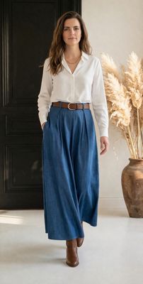 Bleu Denim Maxi Rok in viscose met zakjes en losvallende fit- Lange Rok Denim look