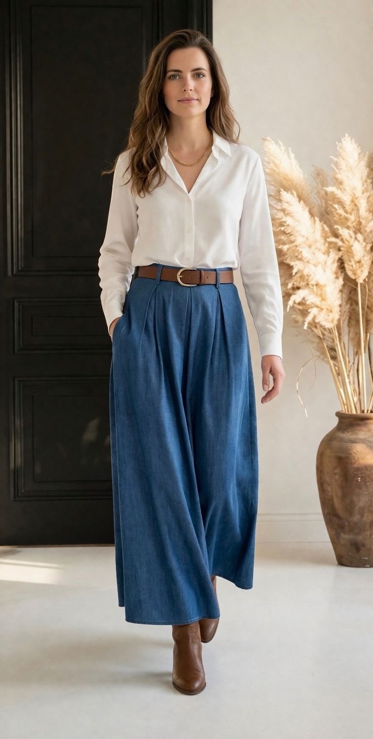 Bleu Denim Maxi Rok in viscose met zakjes en losvallende fit- Lange Rok Denim look