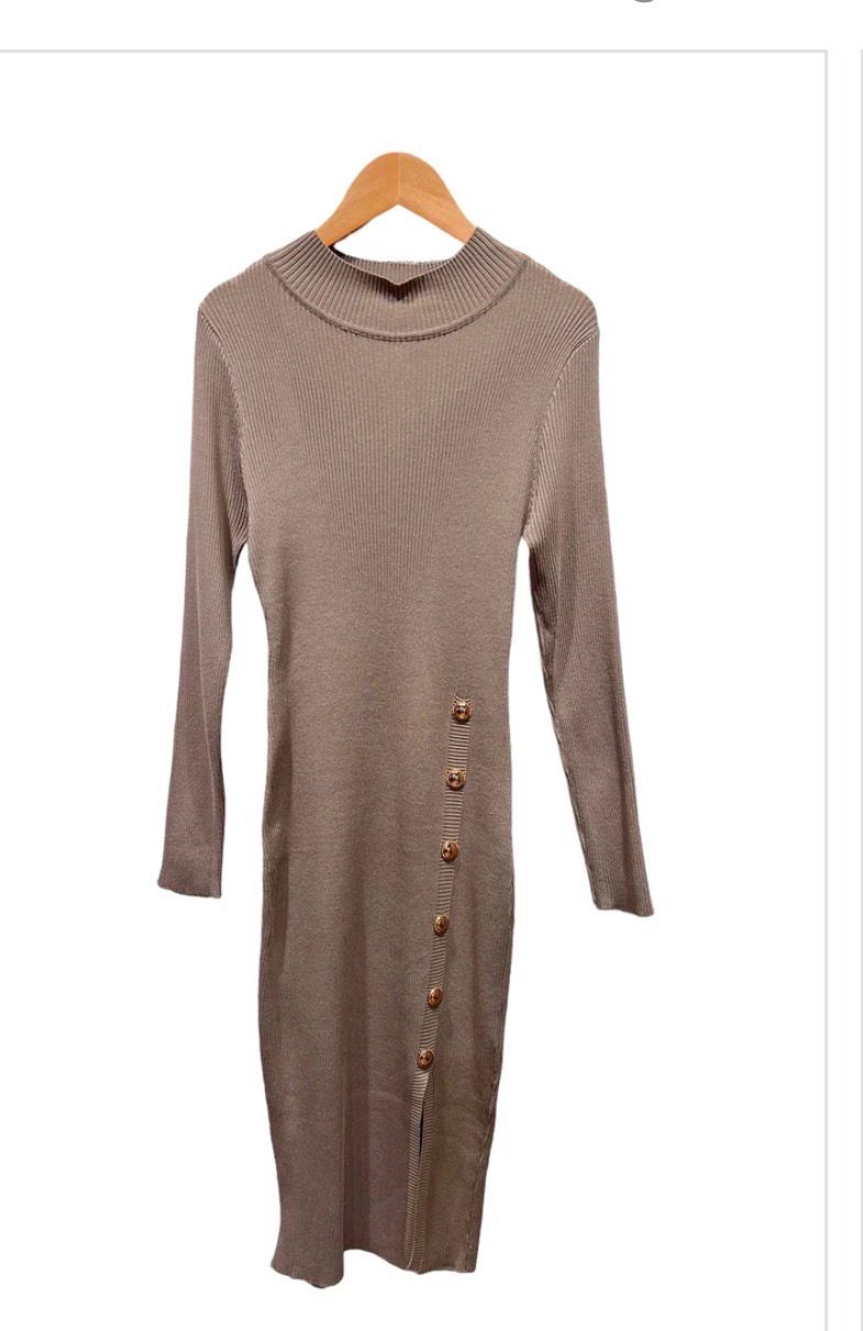 Ribgebreide midi jurk met knoopdetailen Split- Viscose mix