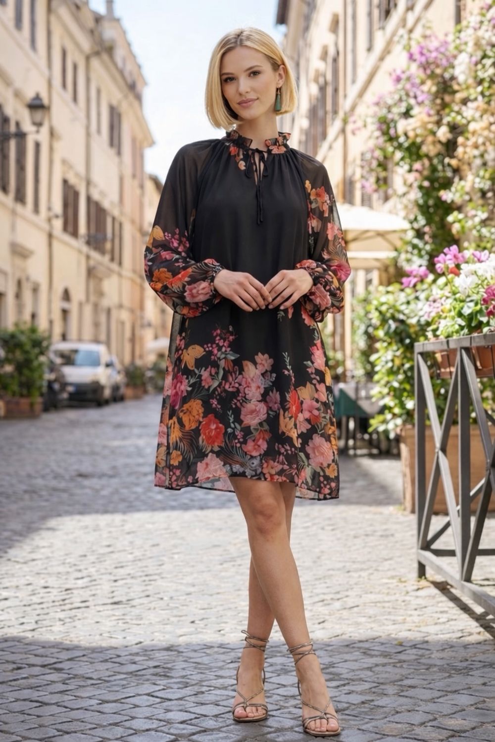 Bloemenjurk met transparante mouwen en losvallende One Size fit- Viscose Voering