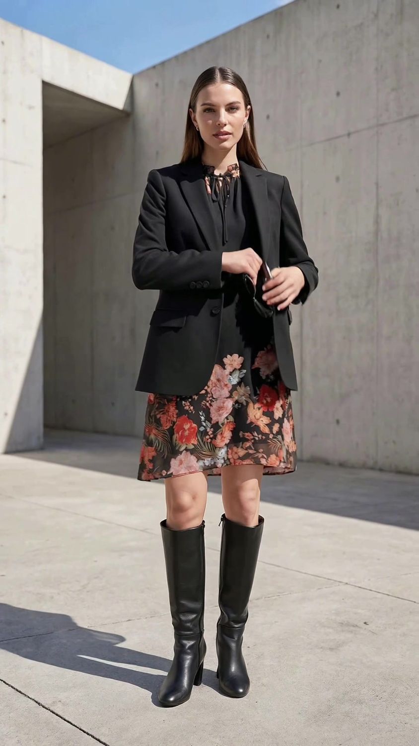 Bloemenjurk met transparante mouwen en losvallende One Size fit- Viscose Voering