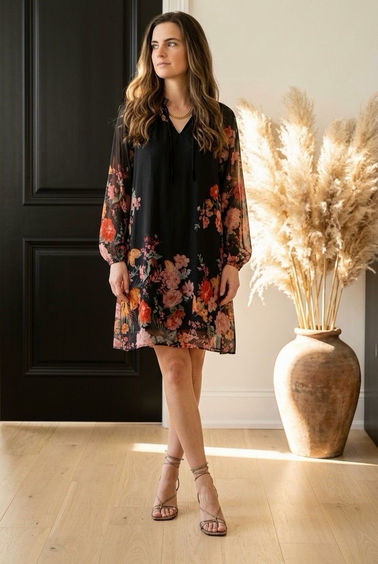 Bloemenjurk met transparante mouwen en losvallende One Size fit- Viscose Voering