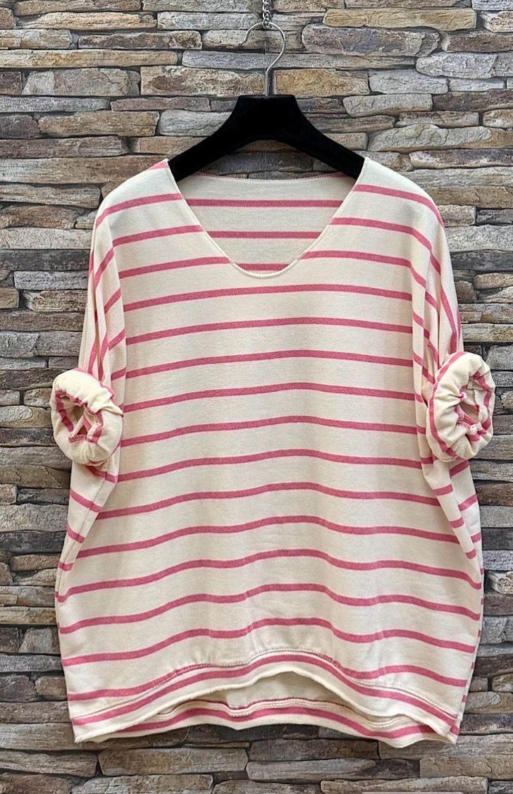 Losvallende gestreepte top met V-hals