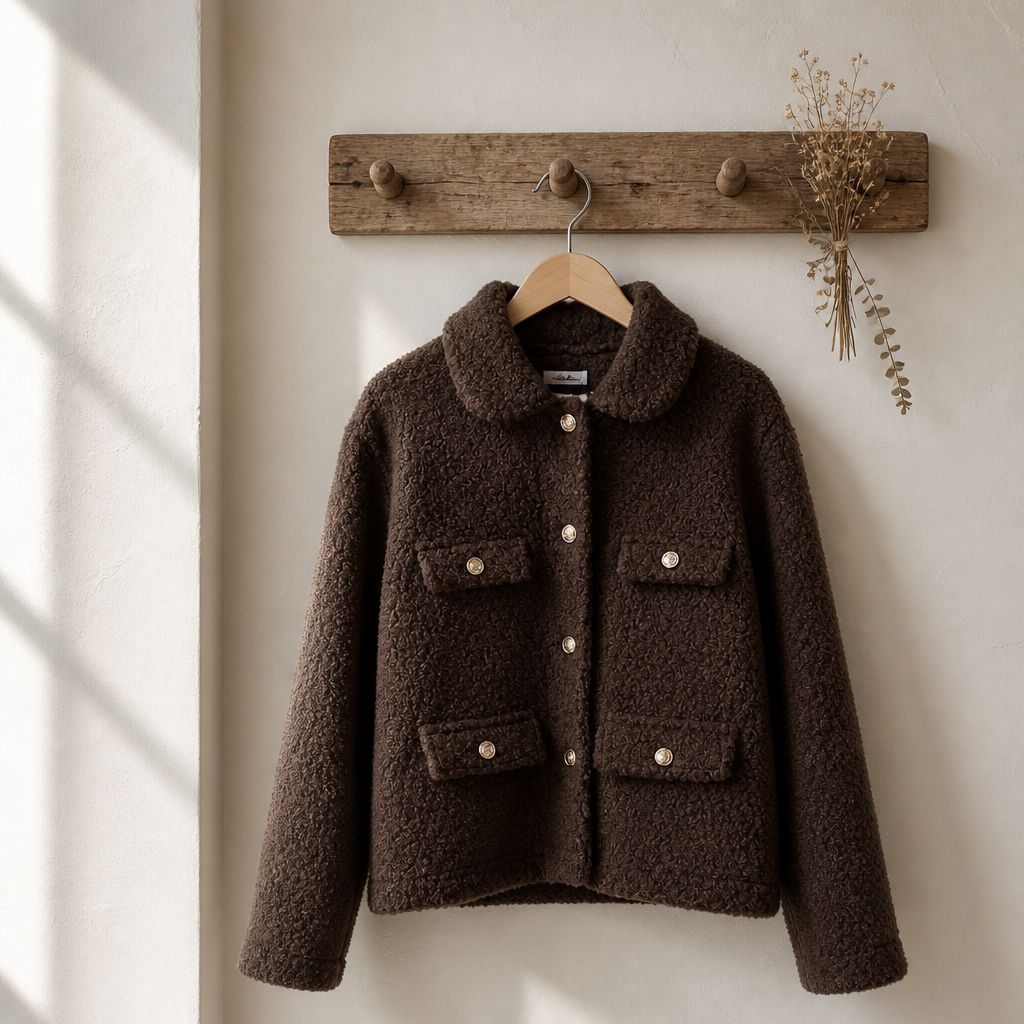 Bruin Bouclé Jasje met Kraag – Luxe &amp; Tijdloze Elegantie