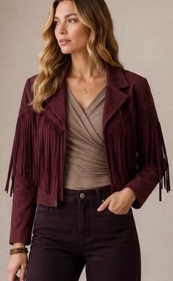 Suede Look Fringe Jacket- Kort Jasje Met Fringes Voor Dames- Plum Suede Look Fringe Jacket- Kort Jasje Met Fringes Voor Dames- Plum