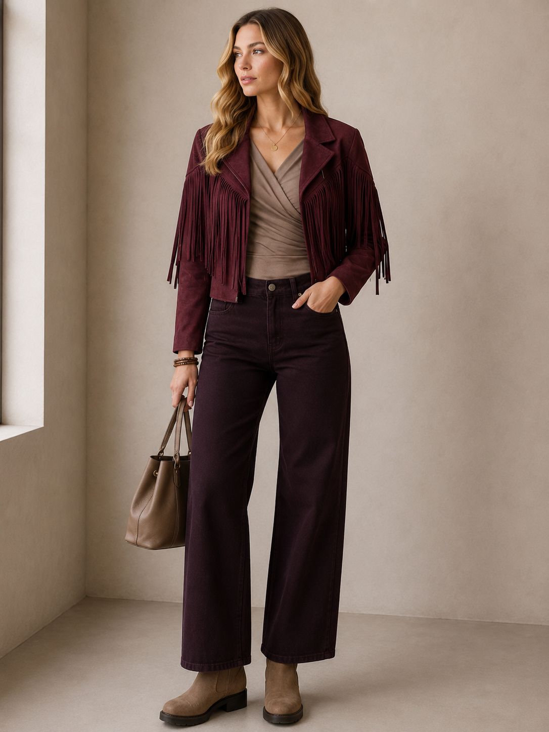 Cropped Suede Look Fringe Jacket Voor Dames- Open Model- Plum