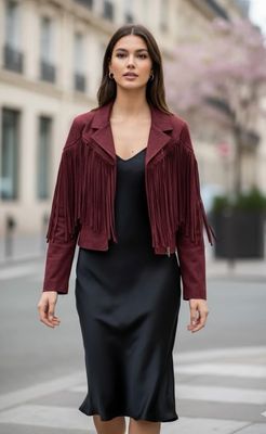 Suede Look Fringe Jacket- Kort Jasje Met Fringes Voor Dames- Plum