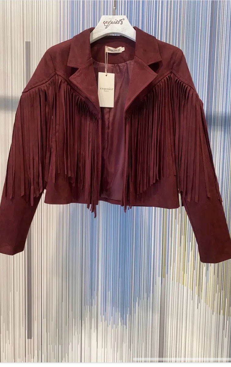 Cropped Suede Look Fringe Jacket Voor Dames- Open Model- Plum