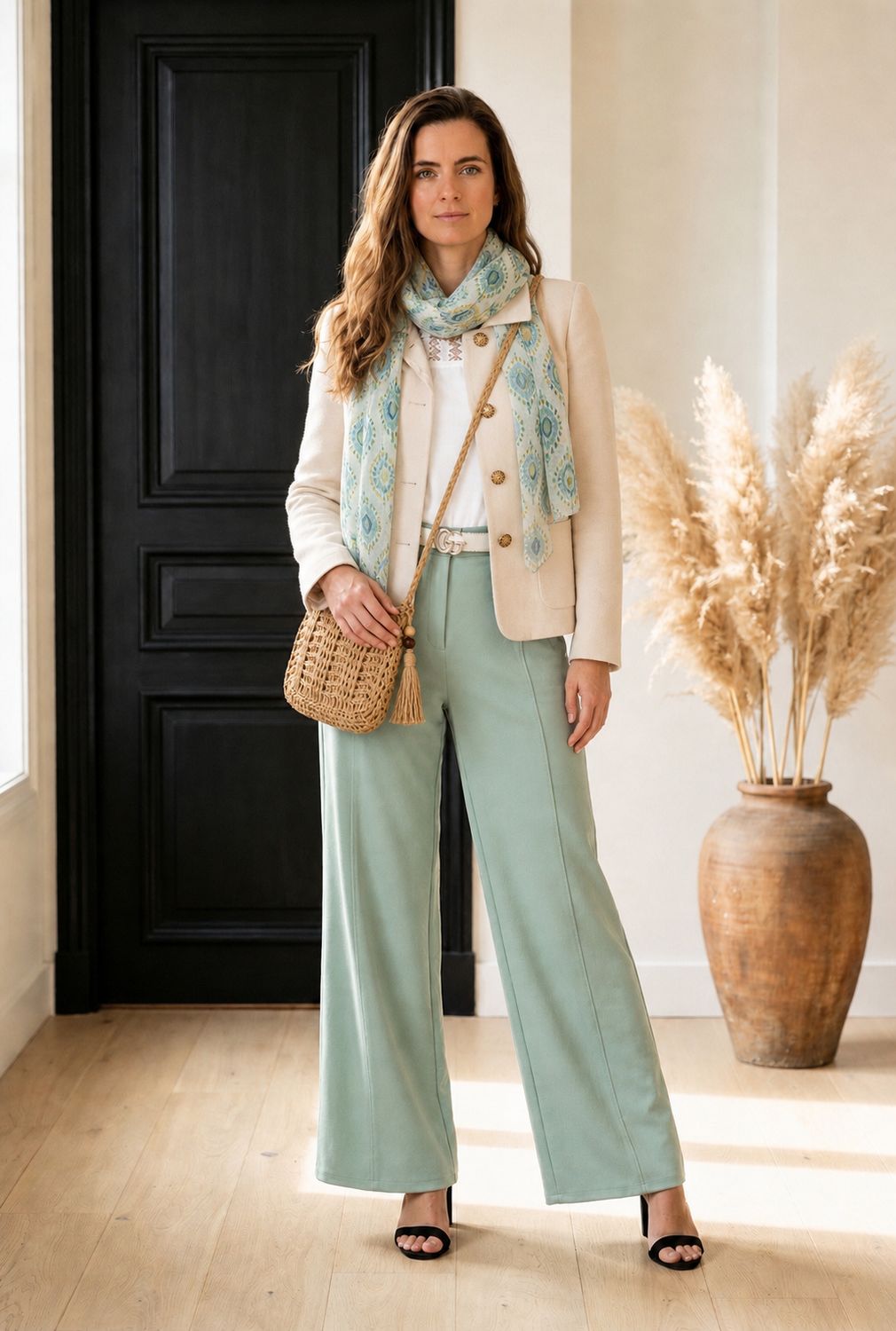 Mintgroene palazzo broek met hoge taille – elegante aanpassende fit- wijdere pijpen