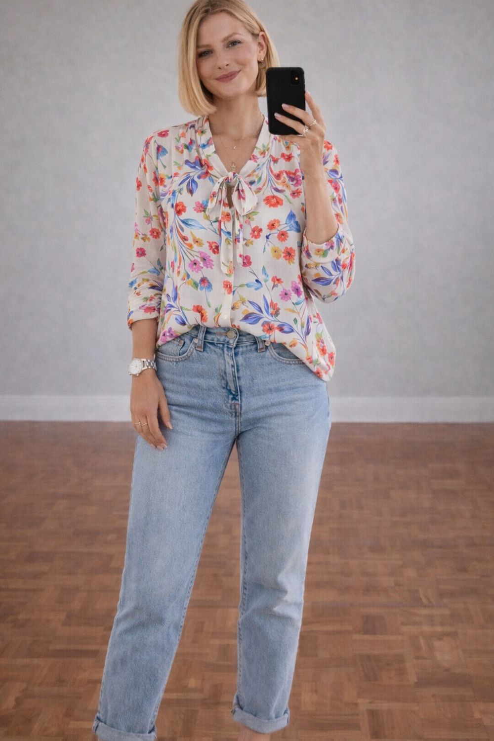 Luchtige Fijne Zomerse Blouse Met Elegante Strik- Bloemenmotiwf