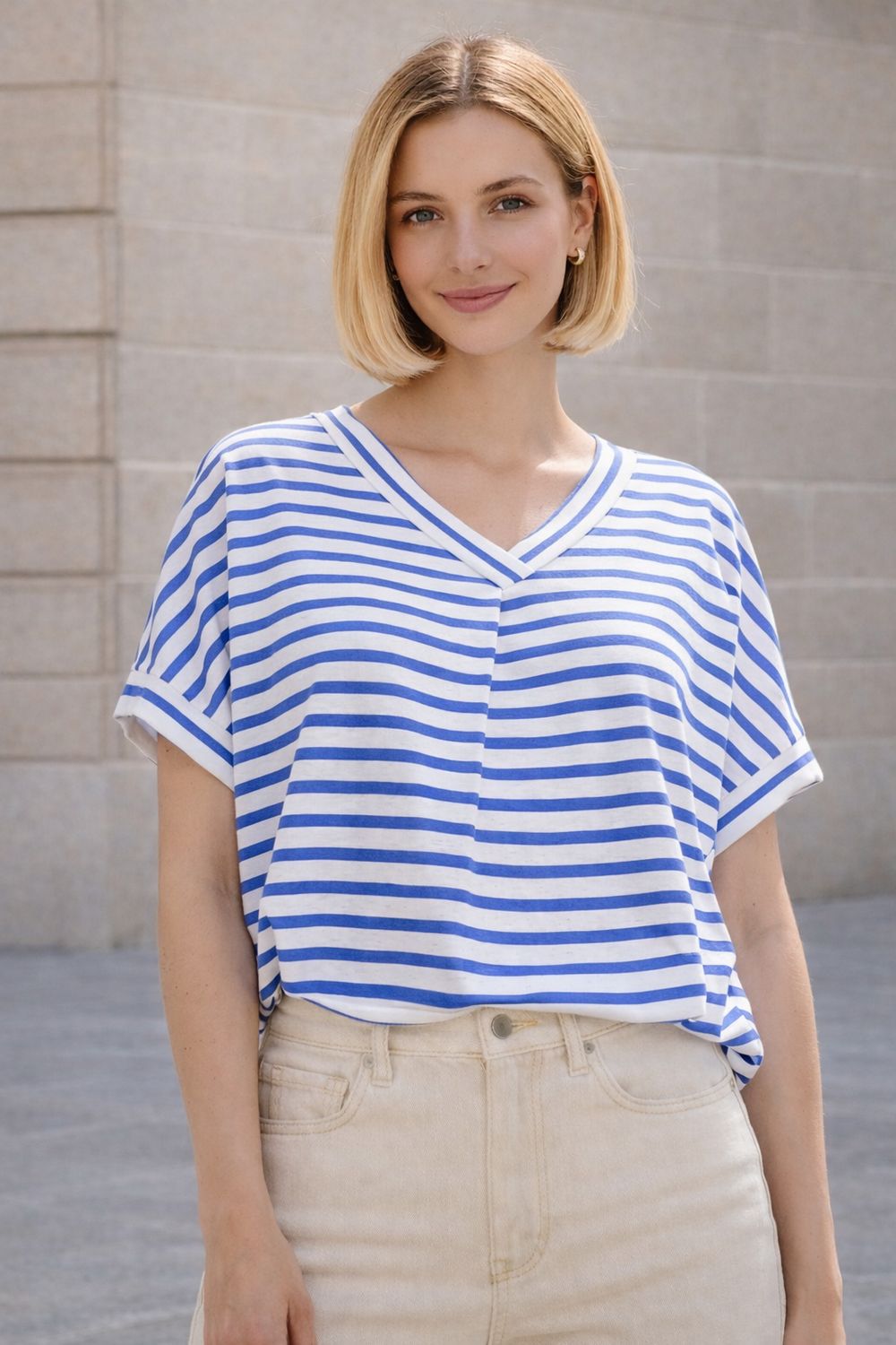 T Shirt Met V - Hals En Strepen Voor Dames