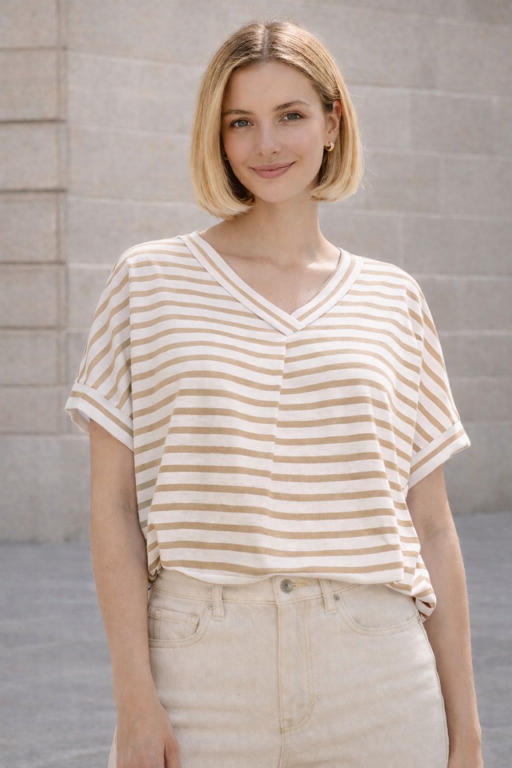 T Shirt Met V - Hals En Strepen Voor Dames