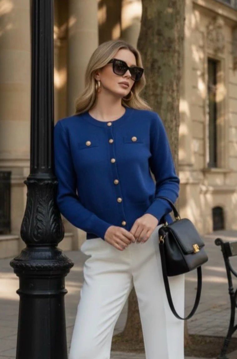 Blauw fijngebreid Cardigan met gouden knopen – elegante pasvorm