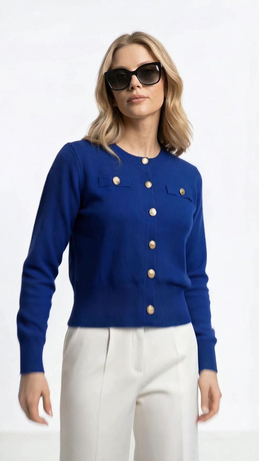 Blauw fijngebreid Cardigan met gouden knopen – elegante pasvorm
