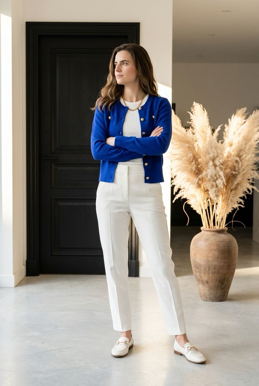 Blauw fijngebreid Cardigan met gouden knopen – elegante pasvorm