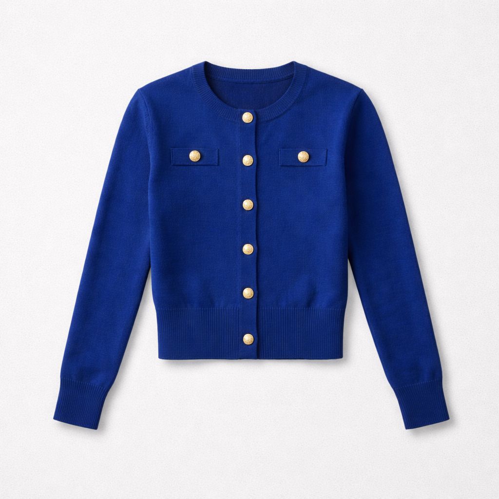 Blauw fijngebreid Cardigan met gouden knopen – elegante pasvorm