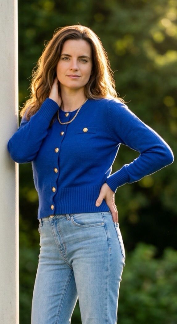 Blauw fijngebreid Cardigan met gouden knopen – elegante pasvorm