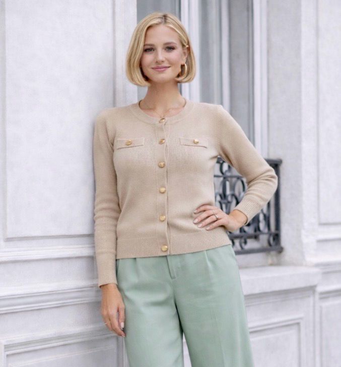 Beige fijngebreid Cardigan met gouden knopen – elegante pasvorm