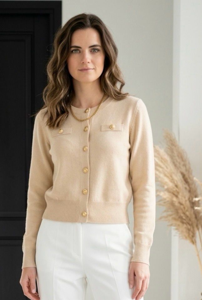 Beige fijngebreid Cardigan met gouden knopen – elegante pasvorm