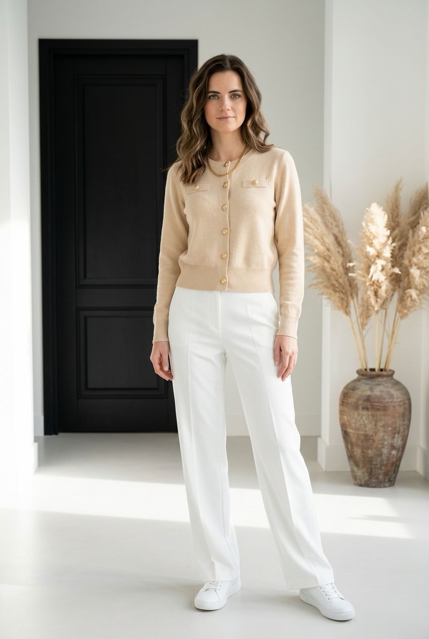 Beige fijngebreid Cardigan met gouden knopen – elegante pasvorm