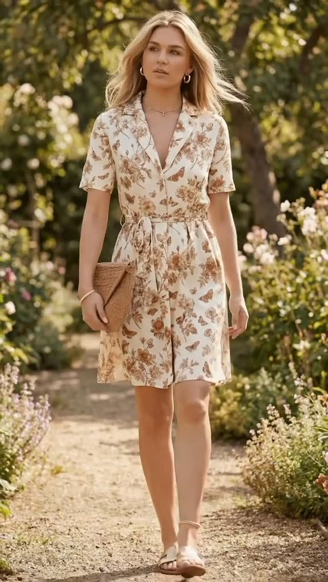 Elegante Jurk met Print en Knoopdetail – Vrouwelijke Pasvorm