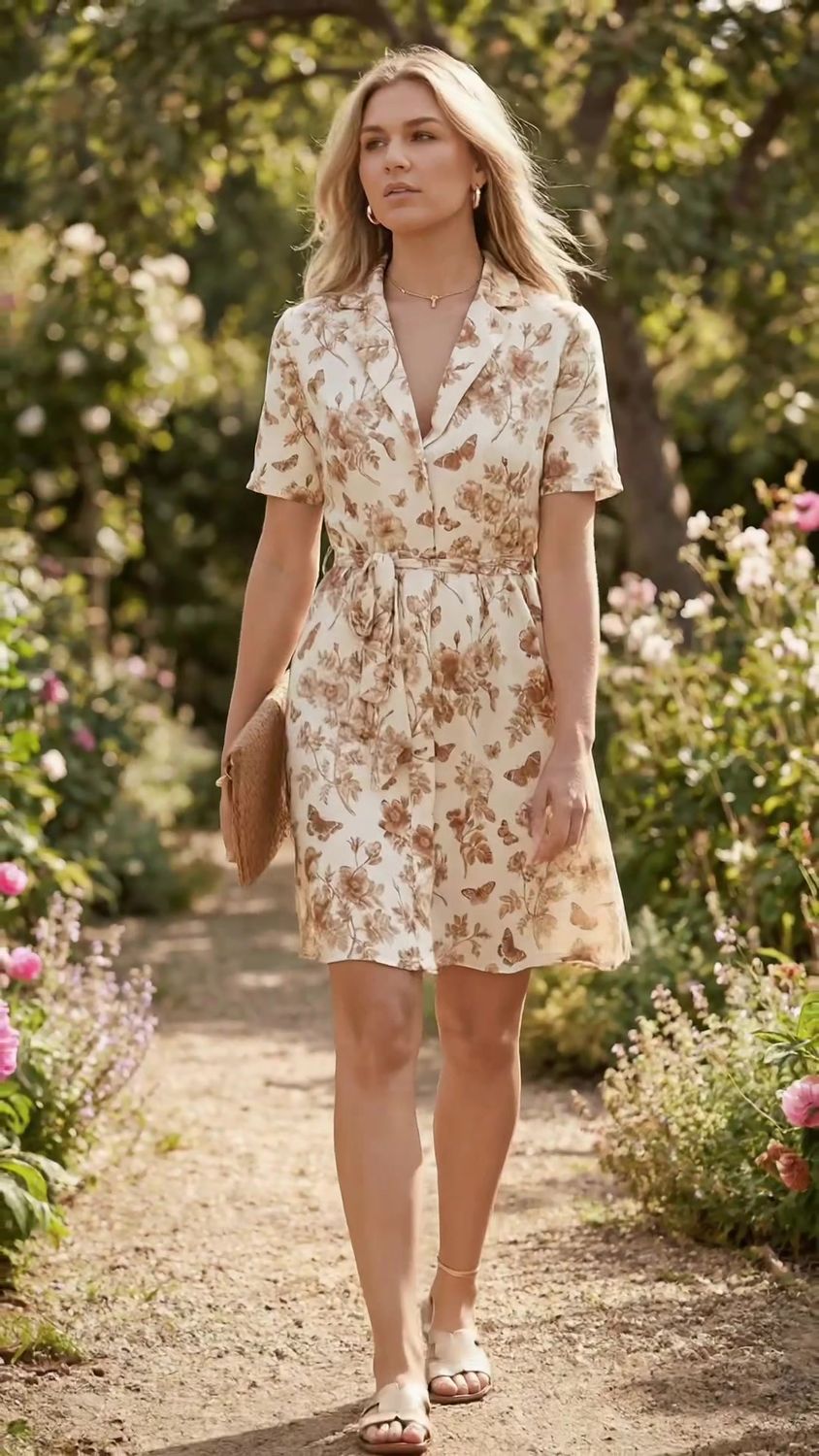 Elegante Jurk met Print en Knoopdetail – Vrouwelijke Pasvorm