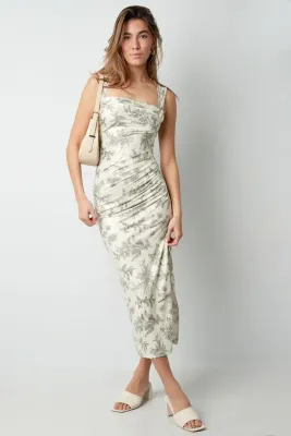 Elegante Midi Jurk met Fijne Print en Split – Aansluitende Pasvorm