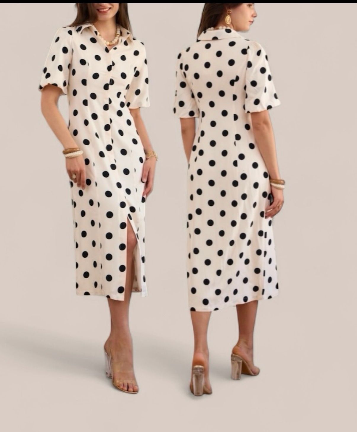 Dames jurk midi – aansluitende fit – zonder stretch – gevoerd – polkadot beige zwart
