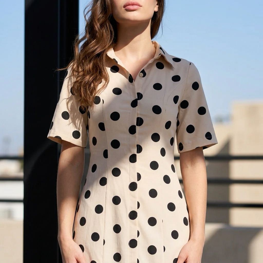 Dames jurk midi – aansluitende fit – zonder stretch – gevoerd – polkadot beige zwart