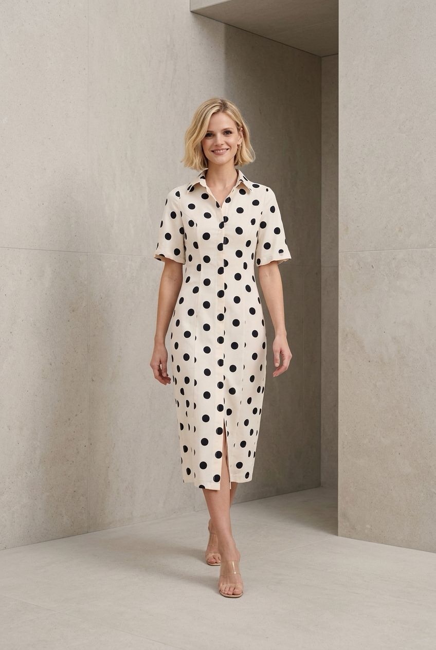 Dames jurk midi – aansluitende fit – zonder stretch – gevoerd – polkadot beige zwart