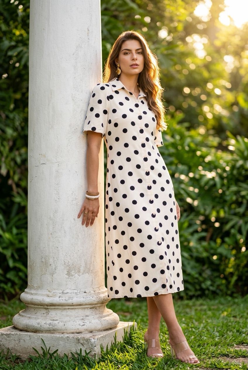 Dames jurk midi – aansluitende fit – zonder stretch – gevoerd – polkadot beige zwart