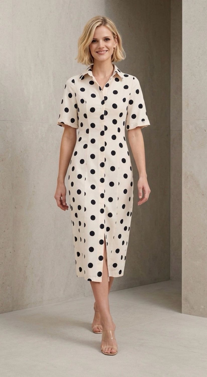 Dames jurk midi – aansluitende fit – zonder stretch – gevoerd – polkadot beige zwart