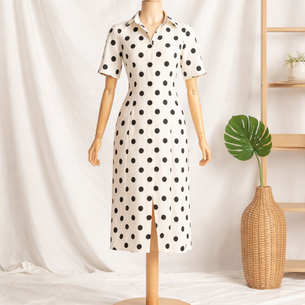 Dames jurk midi – aansluitende fit – zonder stretch – gevoerd – polkadot beige zwart
